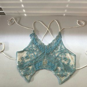 Y2k Crop Top : Baby blue and White Detailed Beaded Top